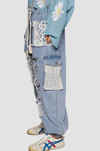 Pol Crochet Patch Distressed Washed Jeans