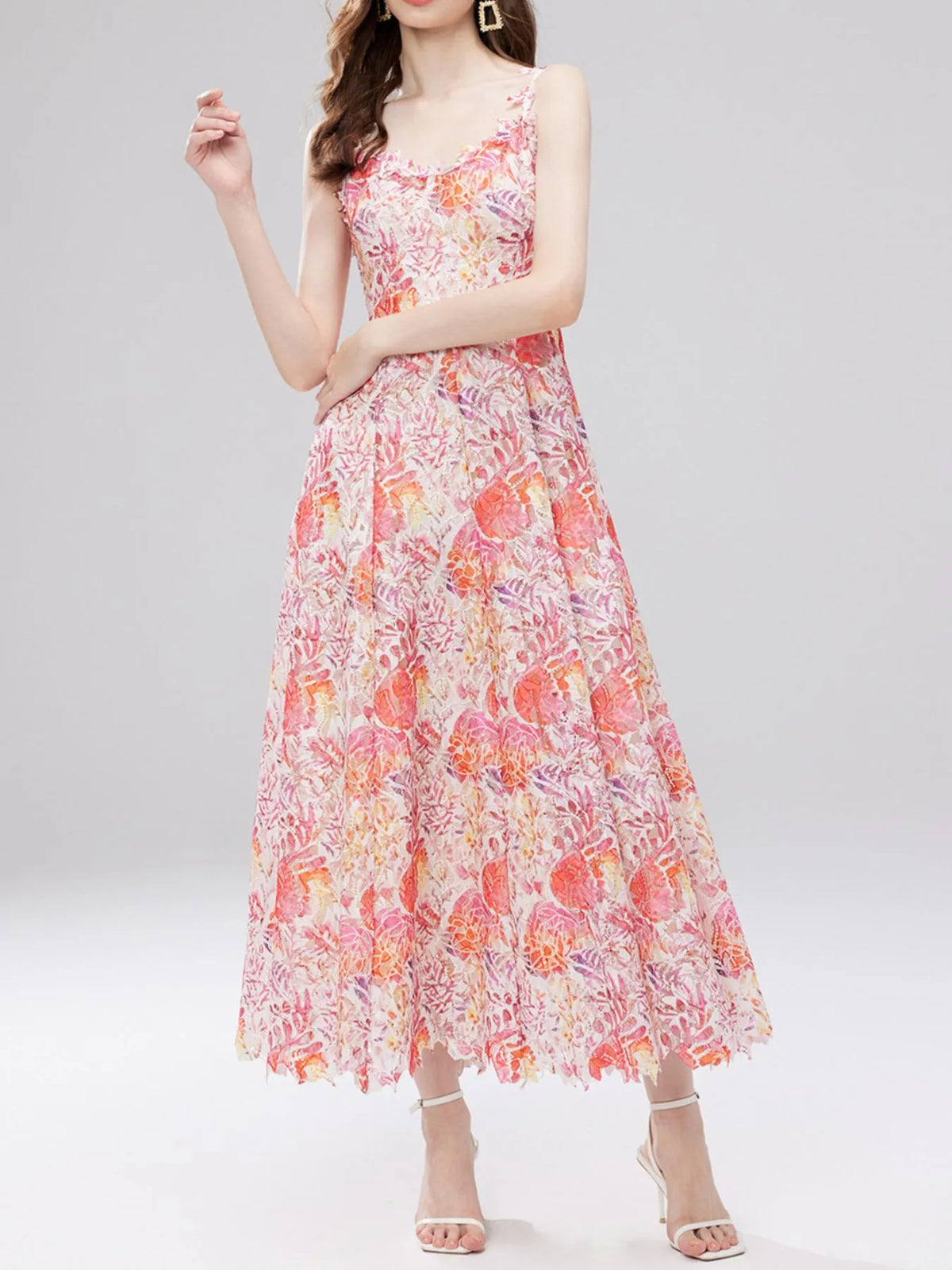 Floral Lace Sleeveless V-Neck Midi Dress