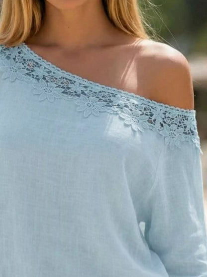 Lace Trim One Shoulder Ruched Top