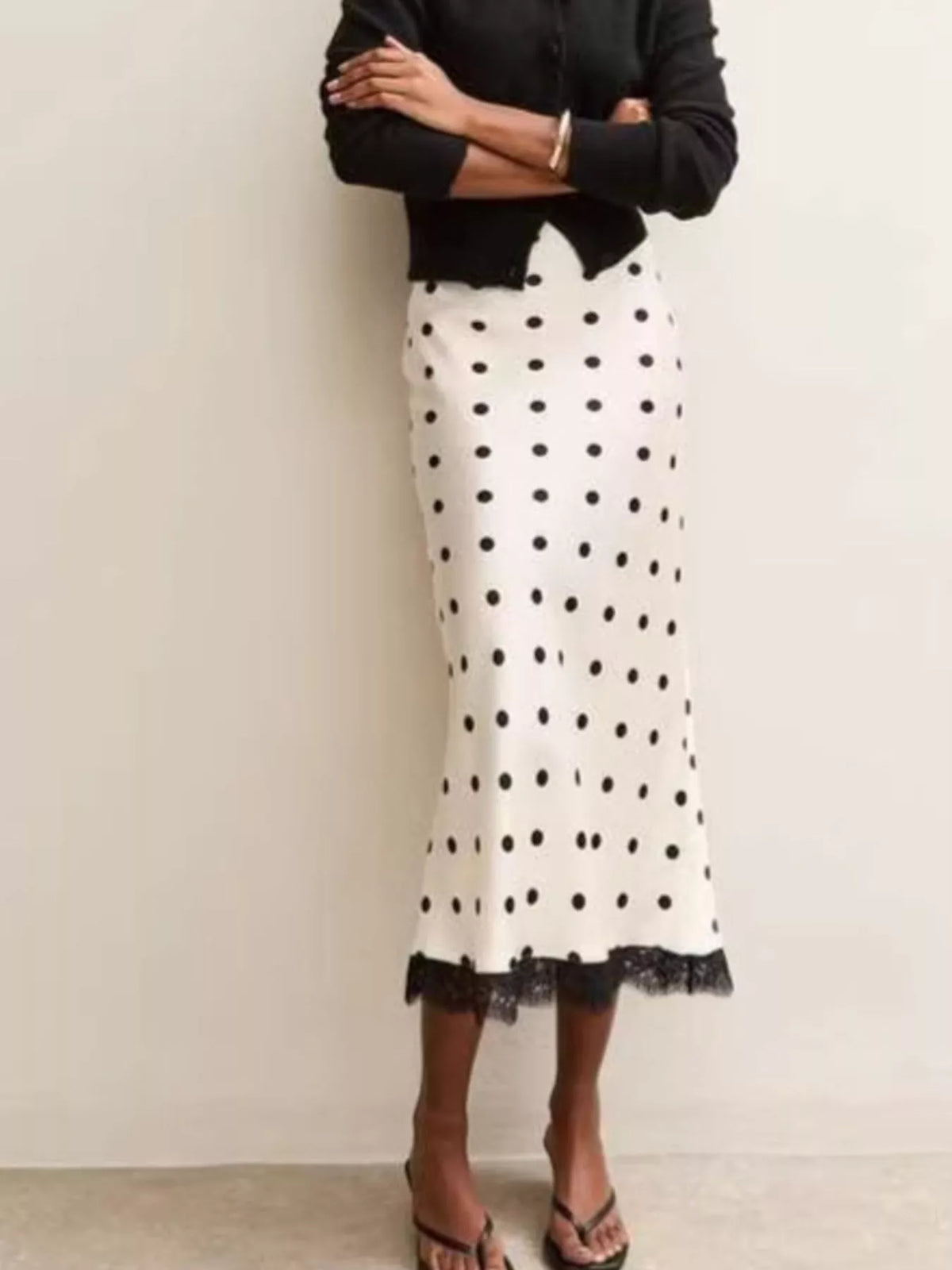 Polka Dot Midi Skirt with Lace Trim