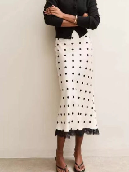 Polka Dot Midi Skirt with Lace Trim