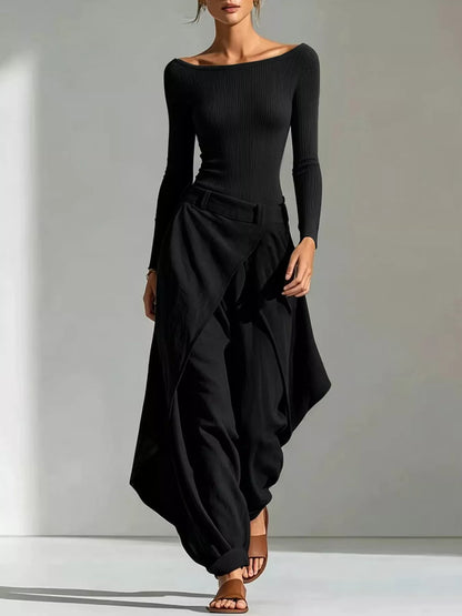 Boat Neck Long-Sleeve Top and Wrap Wide-Leg Pant Set