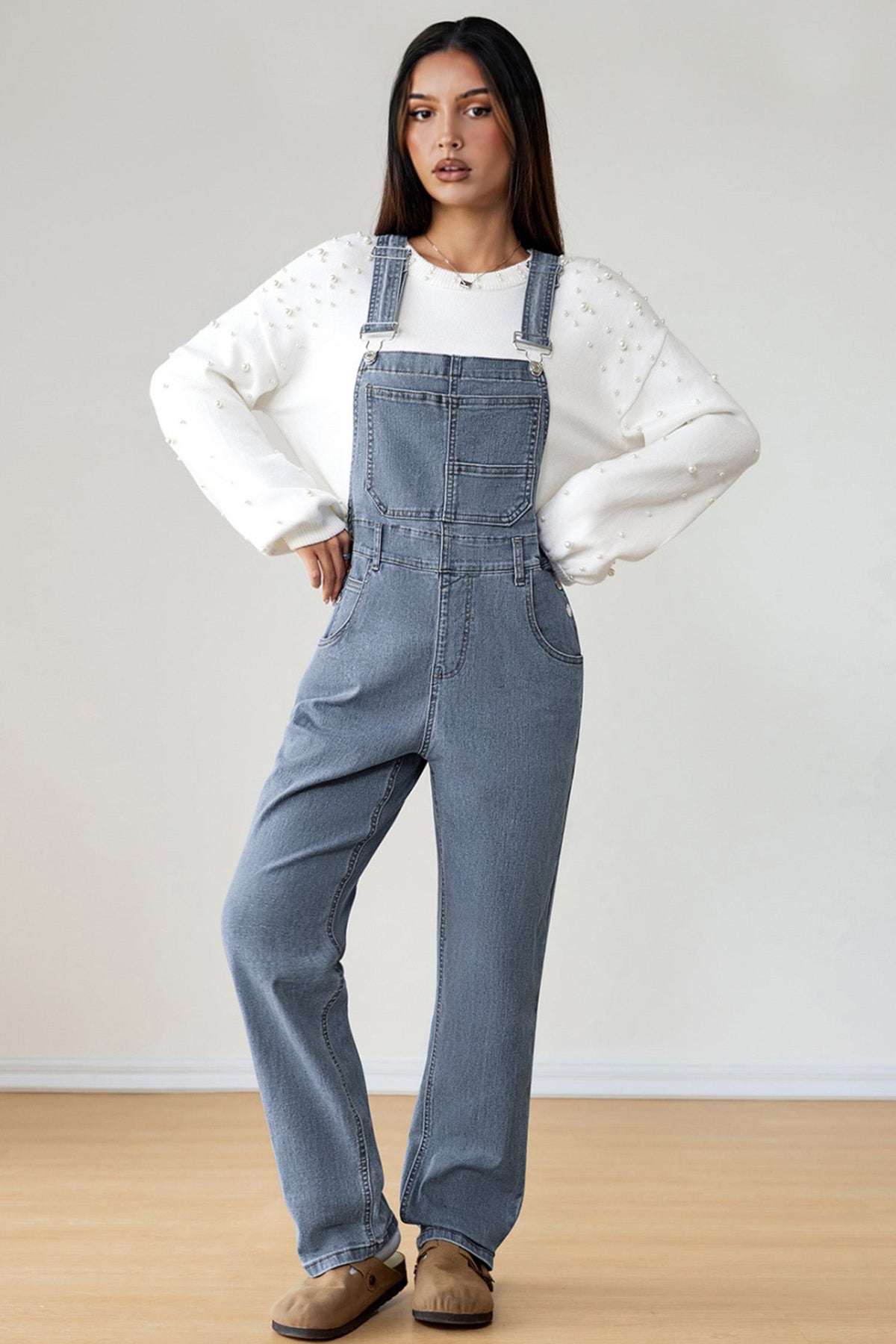 Dark Blue Retro Bib Pocket Buckle Straps Casual Denim Jumpsuit