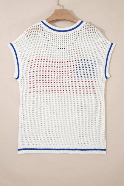 USA Flag Eyelet Knitted Cap Sleeve Sweater Top