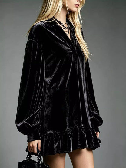 Full Size Velvet Long-Sleeve Ruffle Hem Mini Dress Plus Size