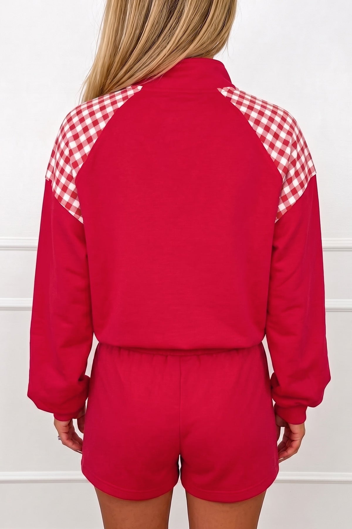 Bright Green Plaid Patchwork Half Zip Pullover Drawstring Short Set