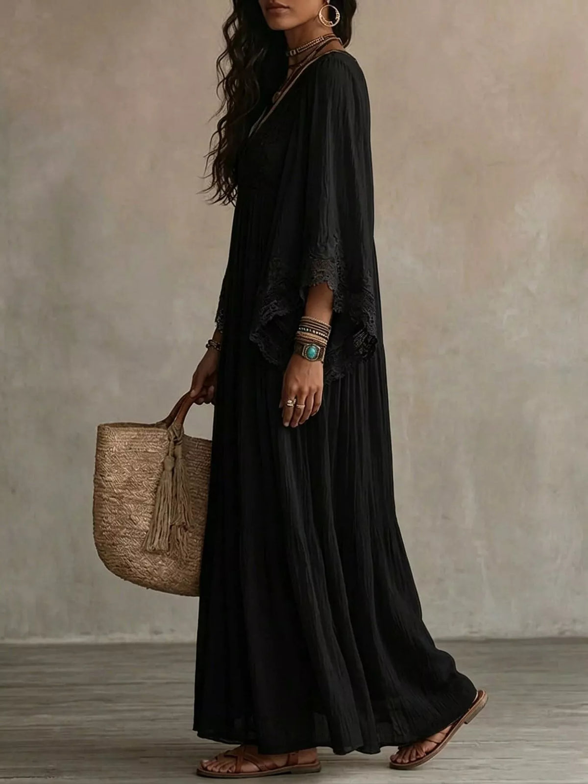 Lace Trim V-Neck Maxi Dress | Feminine Boutique Style