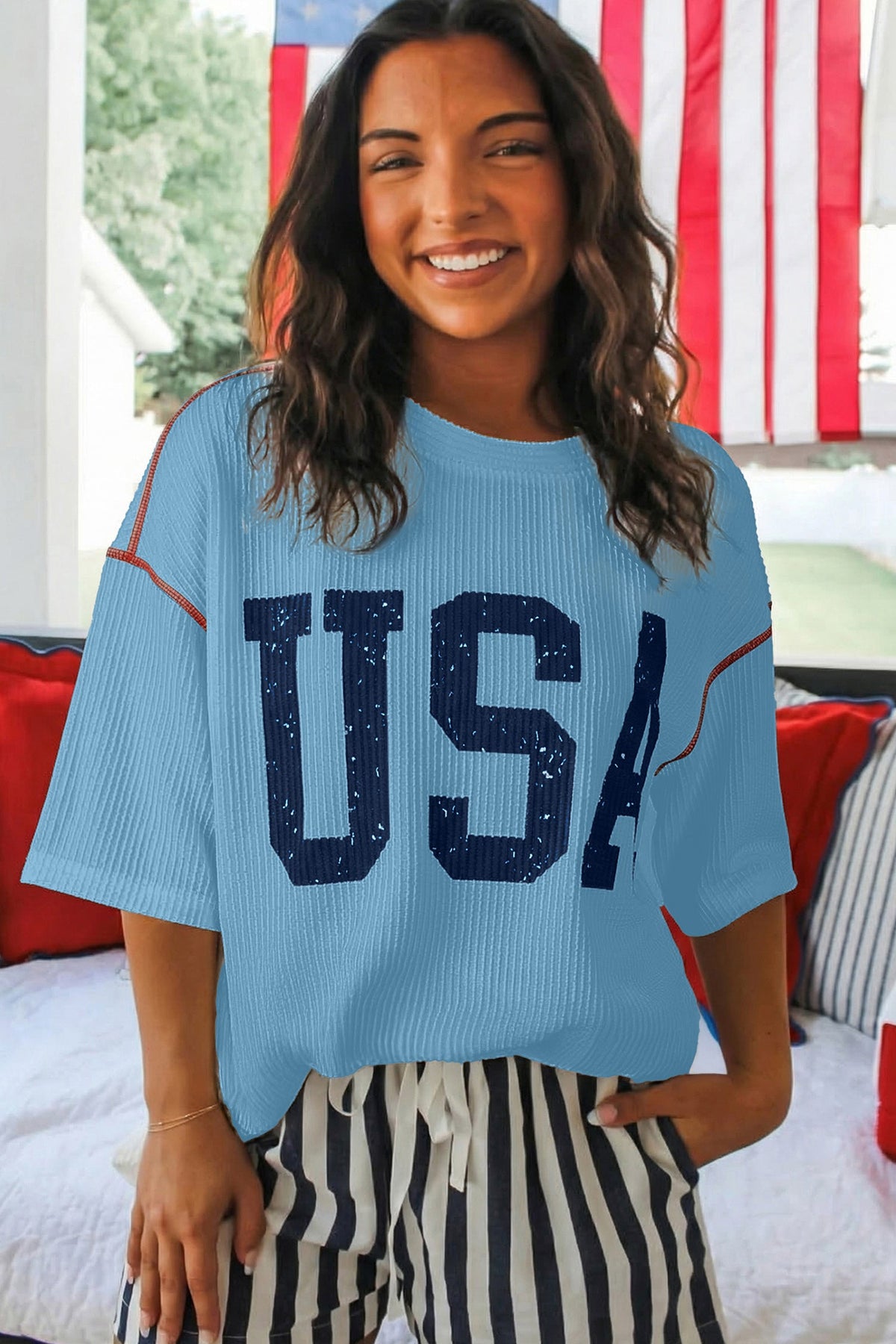 Beau Blue Usa Graphic Half Sleeve Loose Ribbed Top