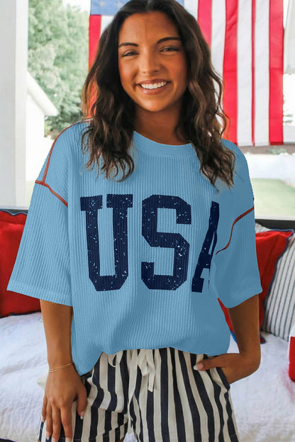 Beau Blue Usa Graphic Half Sleeve Loose Ribbed Top