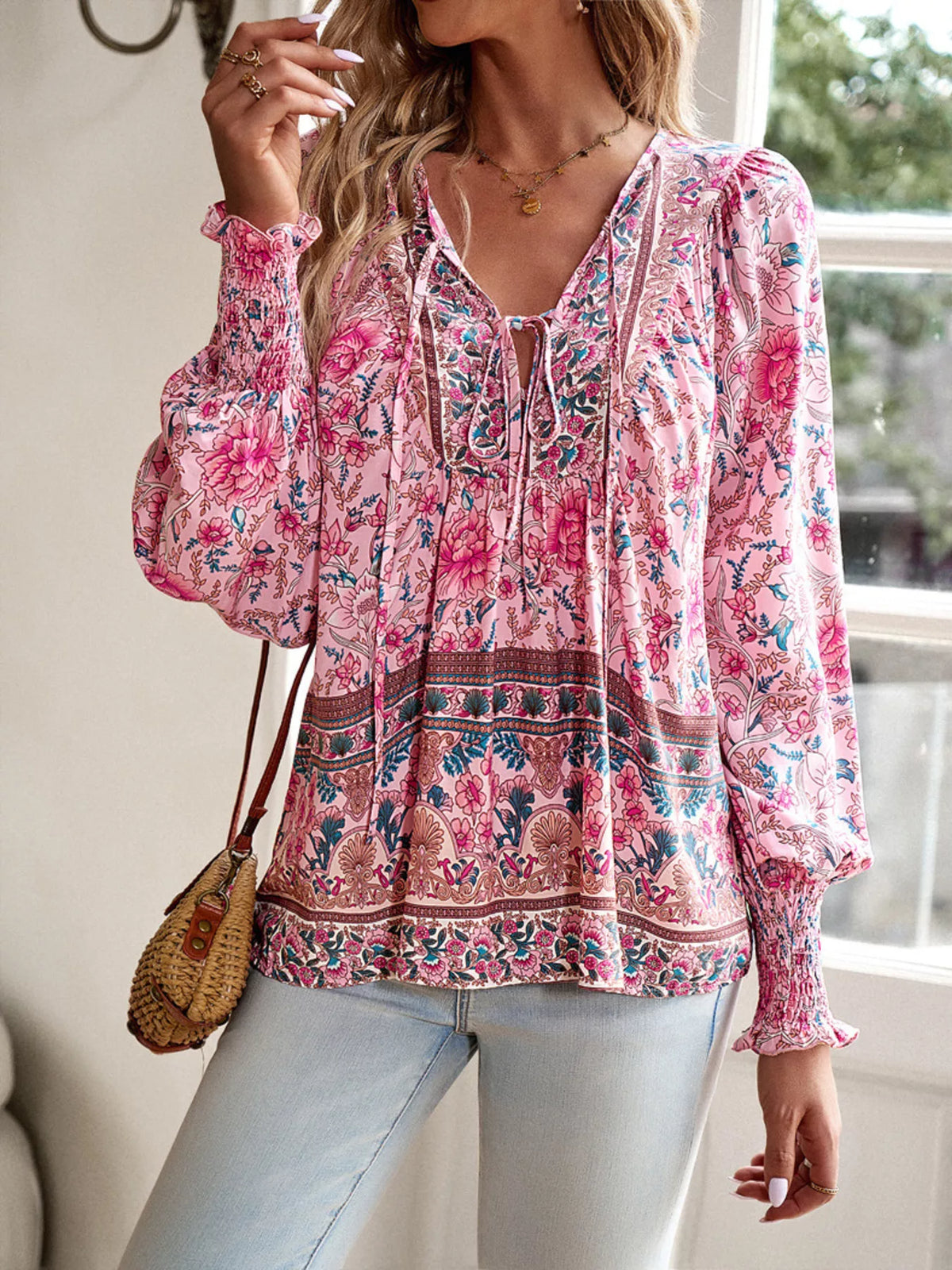Floral Print Tie-Neck Blouse with Smocked Cuffs