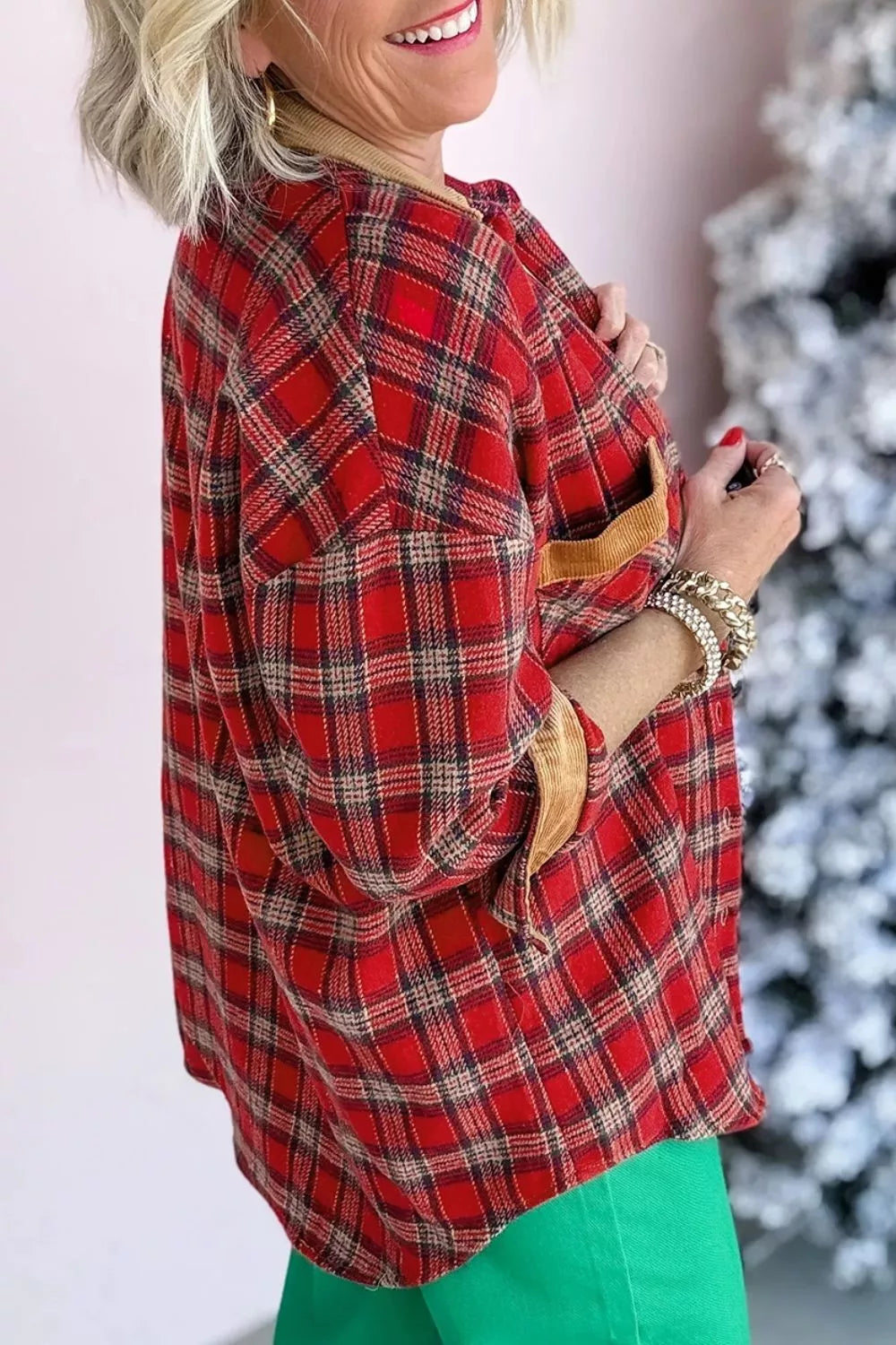 Plaid Corduroy Trim Dropped Shoulder Shacket
