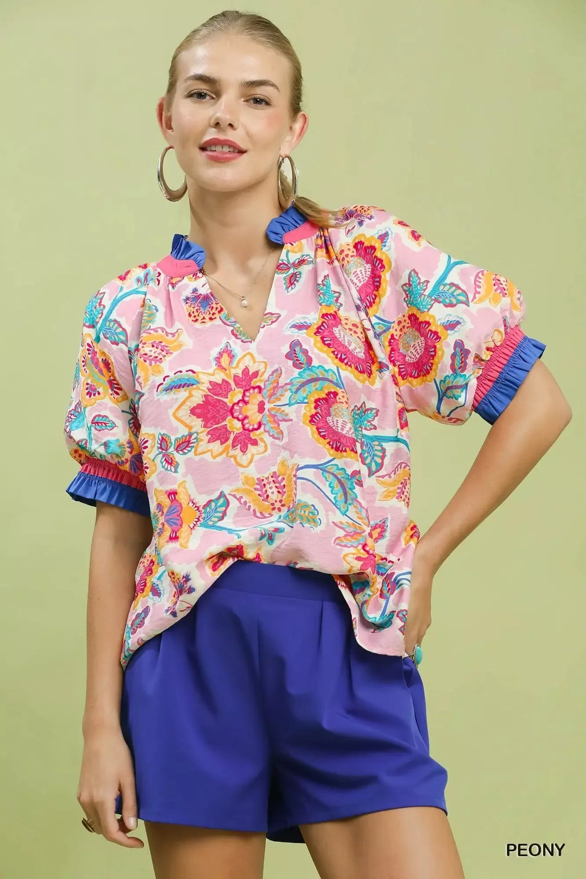 Umgee Floral Print Ruffled Short Sleeve Top