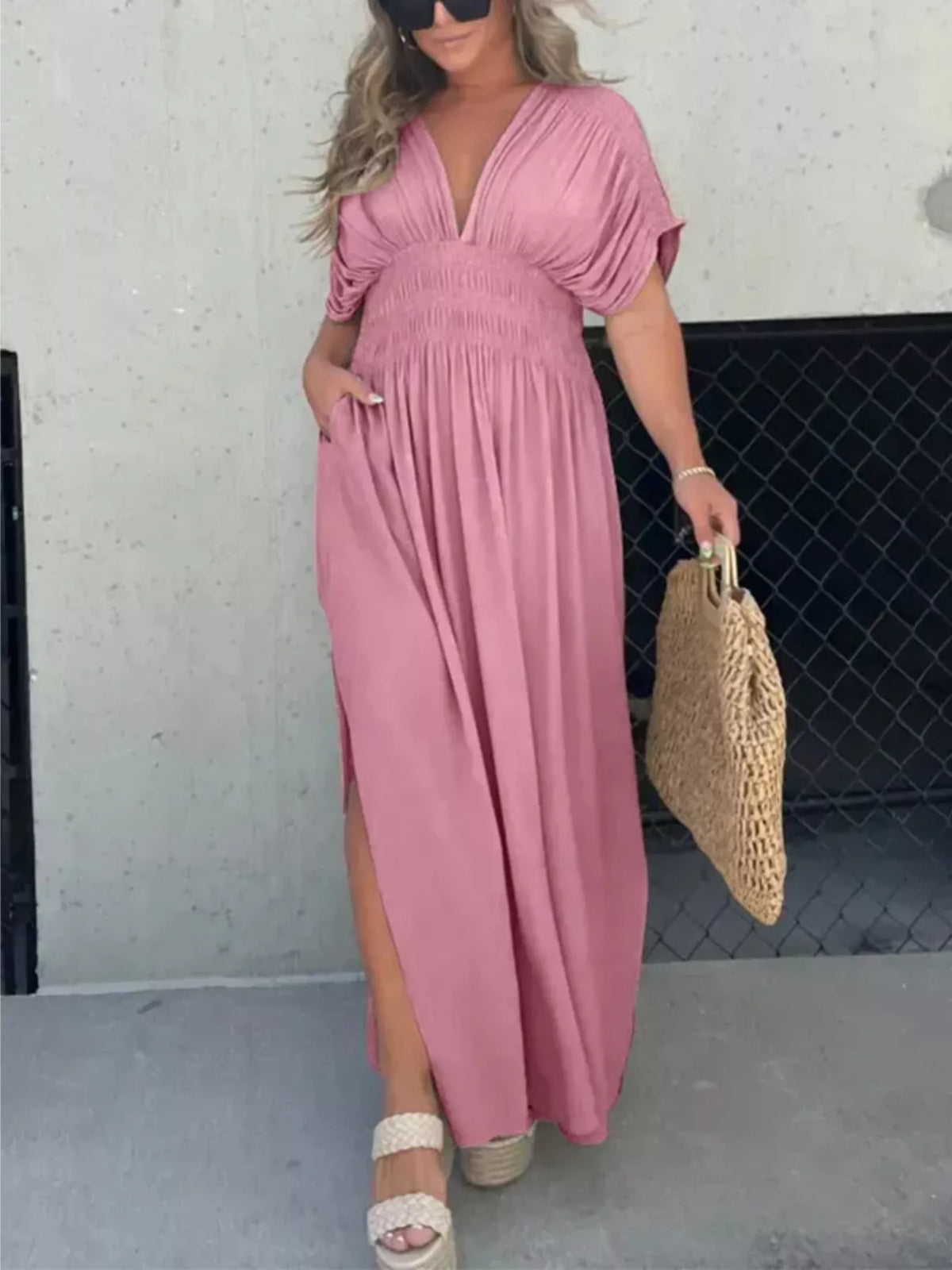 Full Size Slit V-Neck Smocked Waist Maxi Dress Plus Size