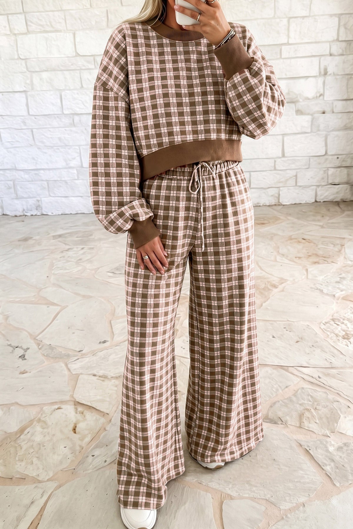 Pink Plaid Long Sleeve Drop Shoulder Top Ribbed Color Block Trim Two Piece Pant Set