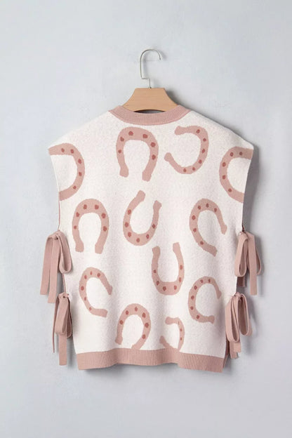 Horse Shoe Western Print Tied Side Cap Sleeve Knit Top