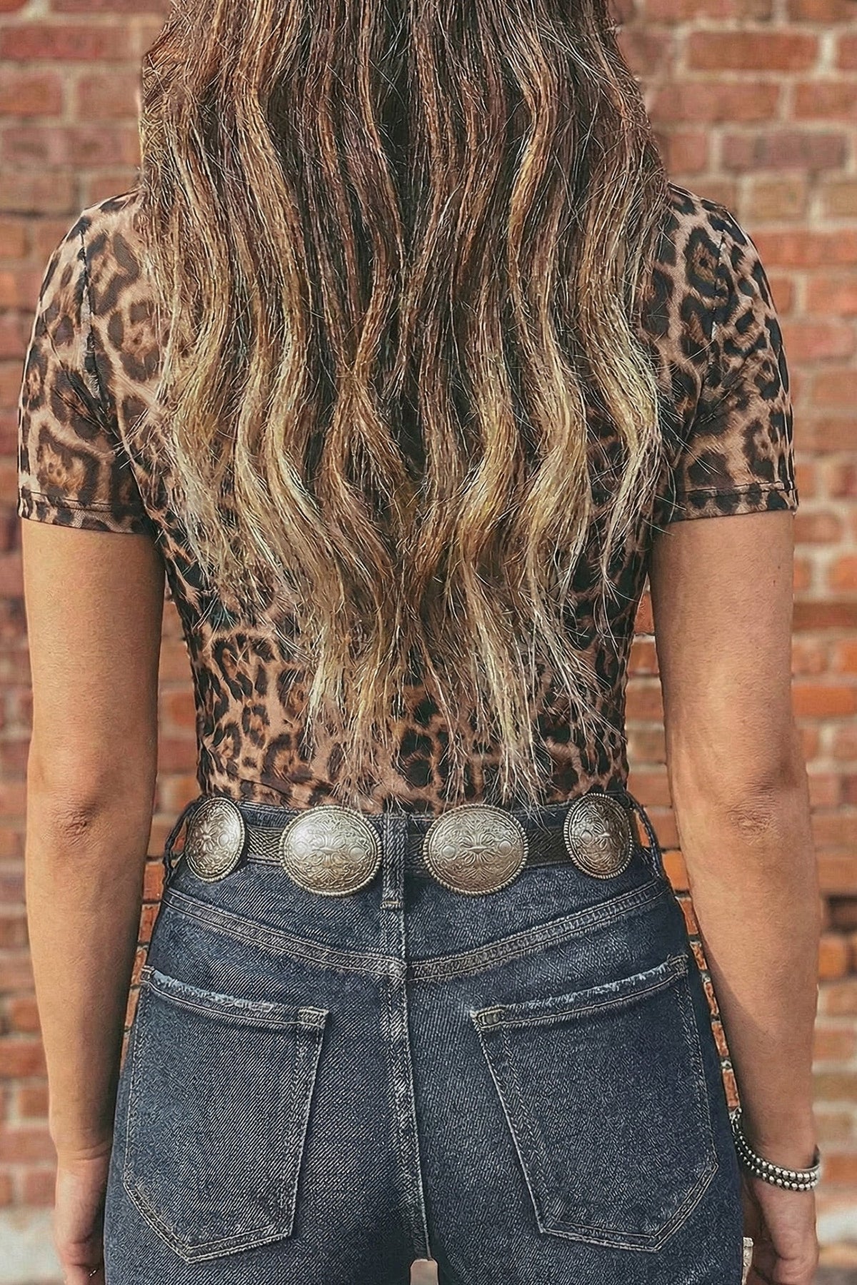 Oatmeal Western Printed Mesh Short Sleeve Top