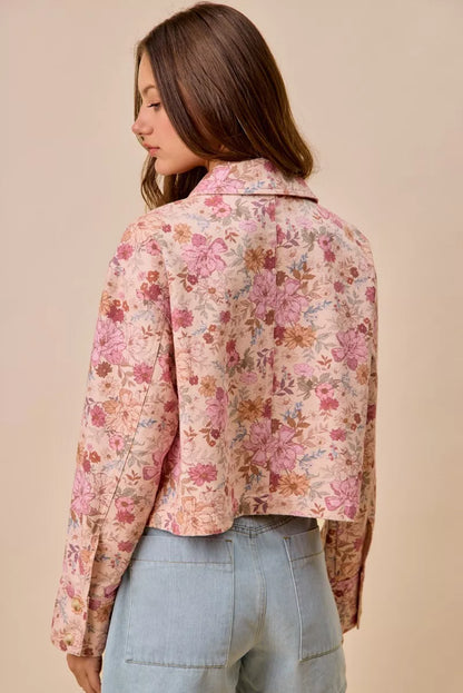 SO ME Floral Print Cotton Twill Button Down Barn Jacket
