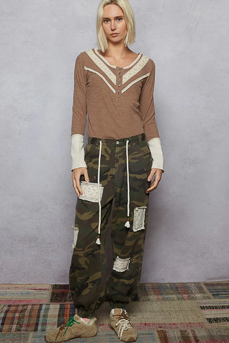 POL Ribbed Half Button Lace Detail Knit Top