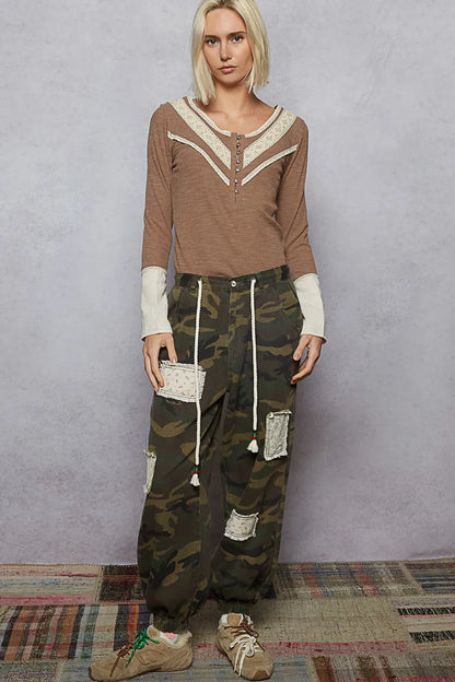 POL Ribbed Half Button Lace Detail Knit Top