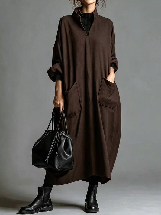 Full Size Loose-Fit Mock Neck Midi Dress with Pockets Plus Size