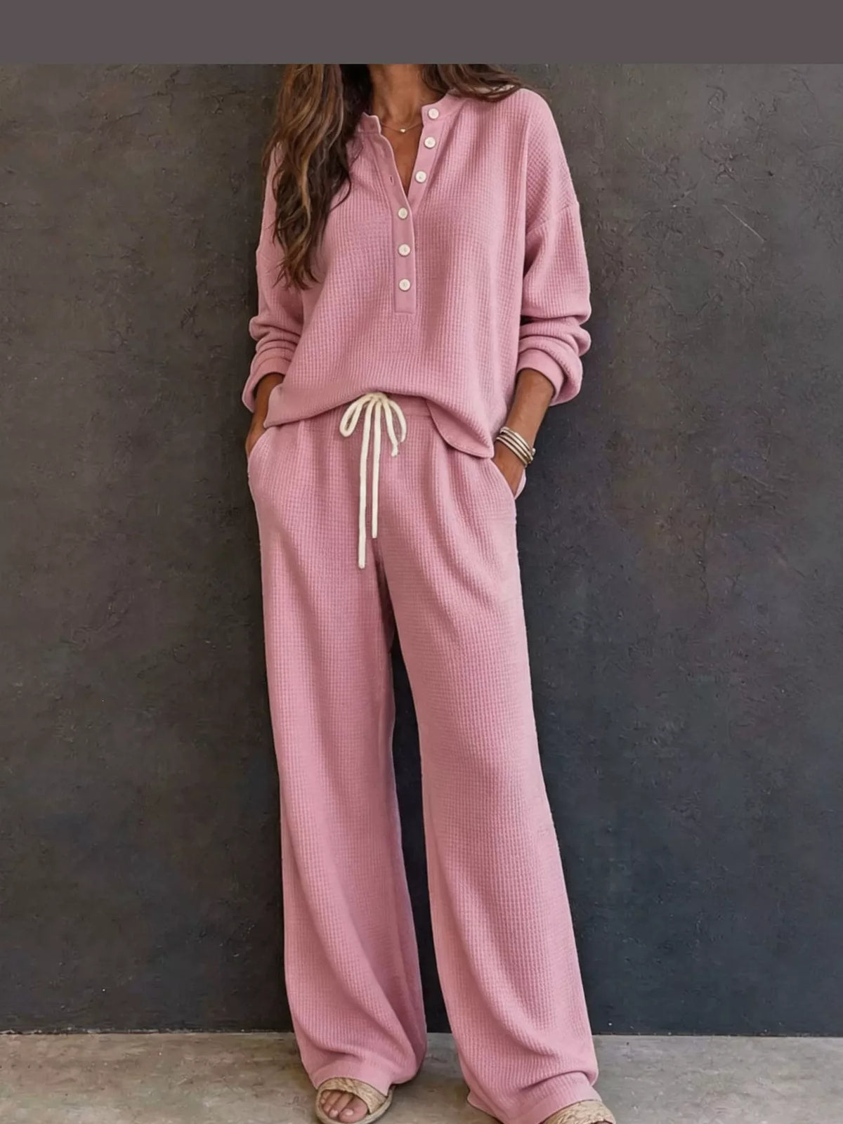 Women’s Waffle Knit Two-Piece Pants Set – Button-Front Top & Wide-Leg Pants