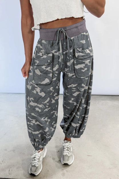 Multicolour Drawstring Contrast Waistband Camouflage Cargo Barrel Pants