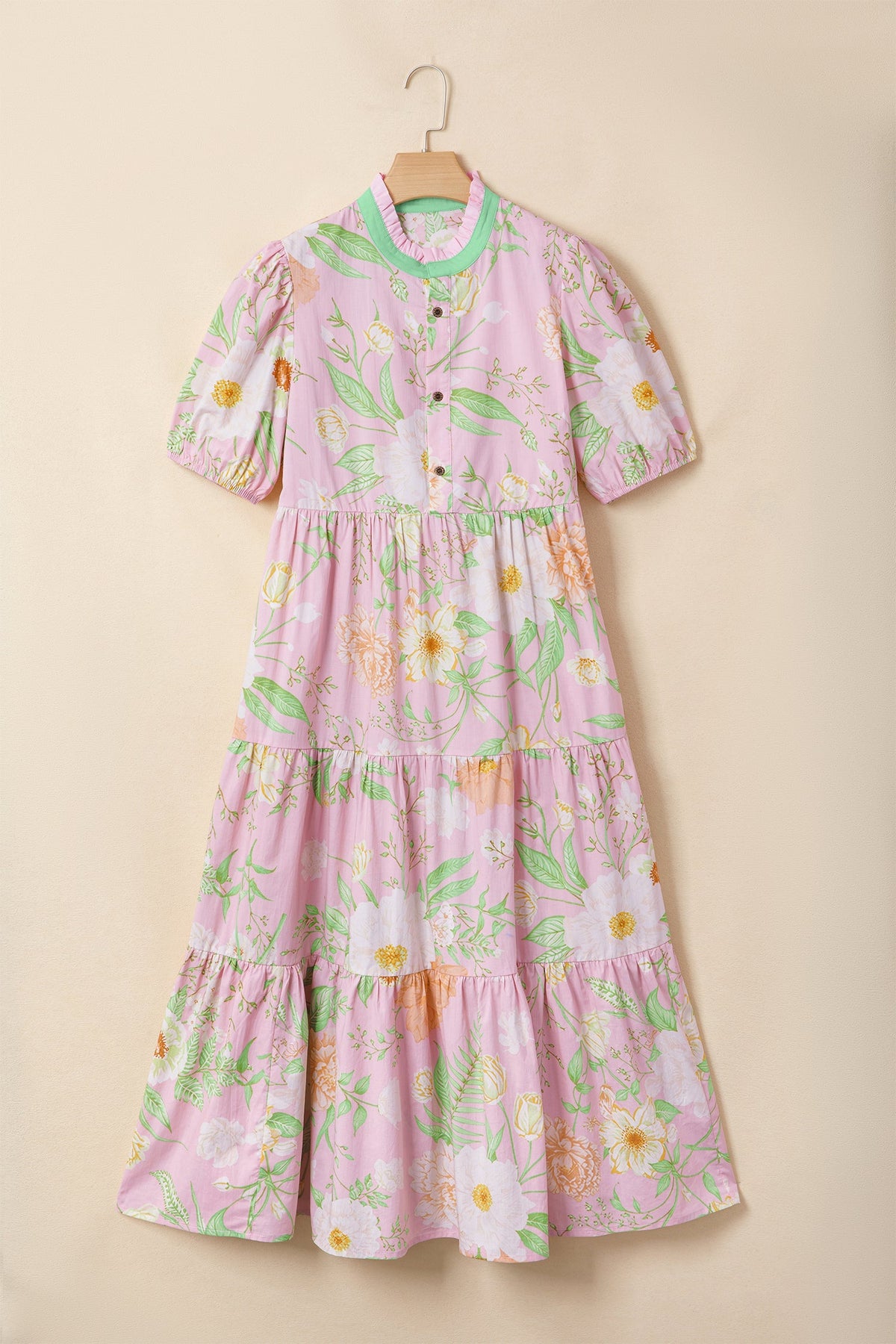 Pink Floral Print Short Puff Sleeve High Waist Tiered Maxi Dress