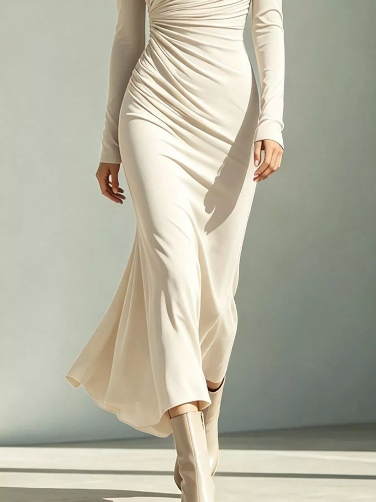 Asymmetrical Neck Ruched Long-Sleeve Dress