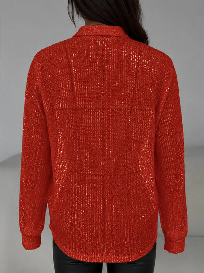 Full Size Sequin Button Up Long Sleeve Shirt Plus Size