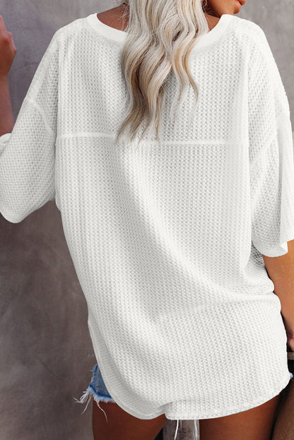 Black Waffle Texture Ribbed V Neck Drop Shoulder Loose Tee