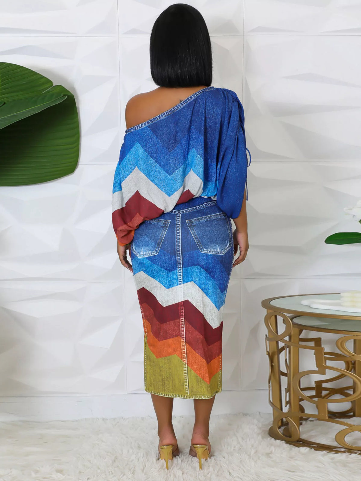 One Shoulder Top and Slit Skirt Set