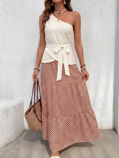 One-Shoulder Top and Geometric Print Maxi Skirt Set