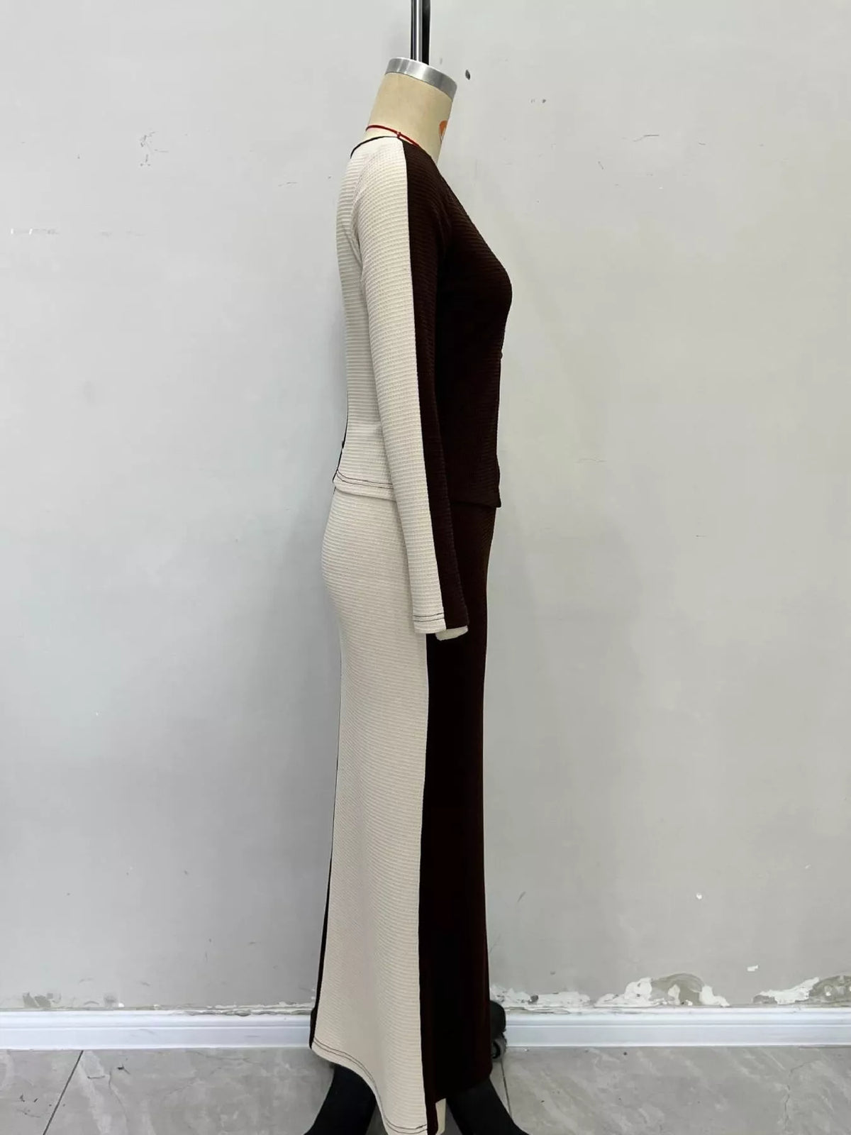 Two-Tone Long Sleeve Top and Maxi Skirt Set