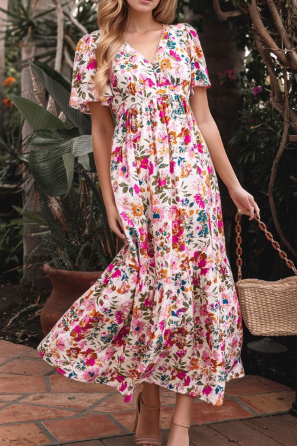 Floral Short Sleeve V Neck Dress with Pockets