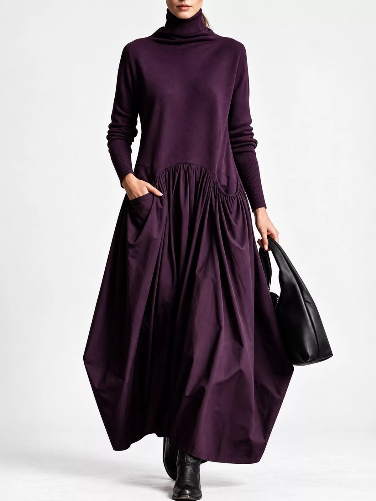 Turtleneck Maxi Dress with Long Sleeves and Pockets