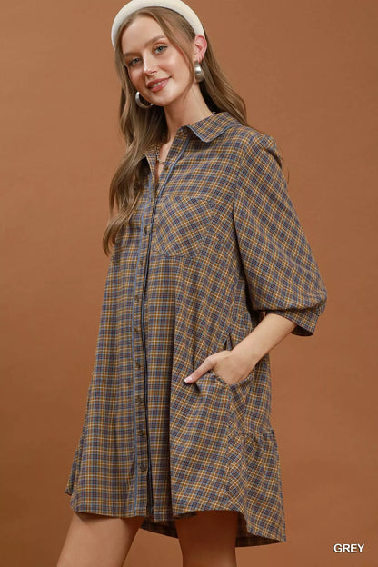 Umgee Plaid Button Down Oversized Shirt Dress
