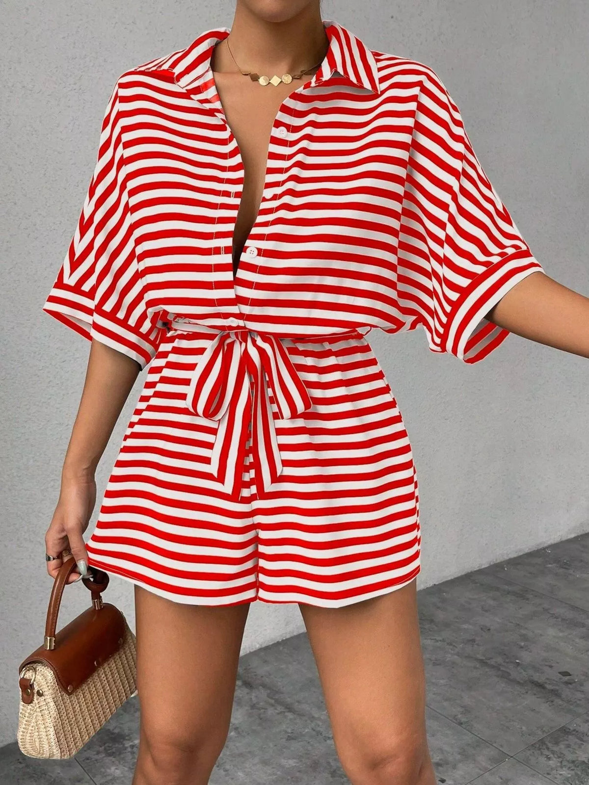 Striped Button Front Half Sleeve Romper