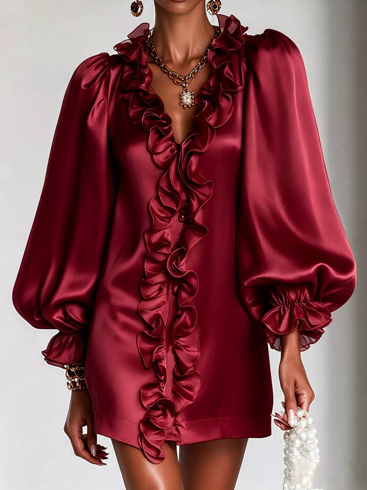 Ruffle Trim Puff Sleeve Mini Dress