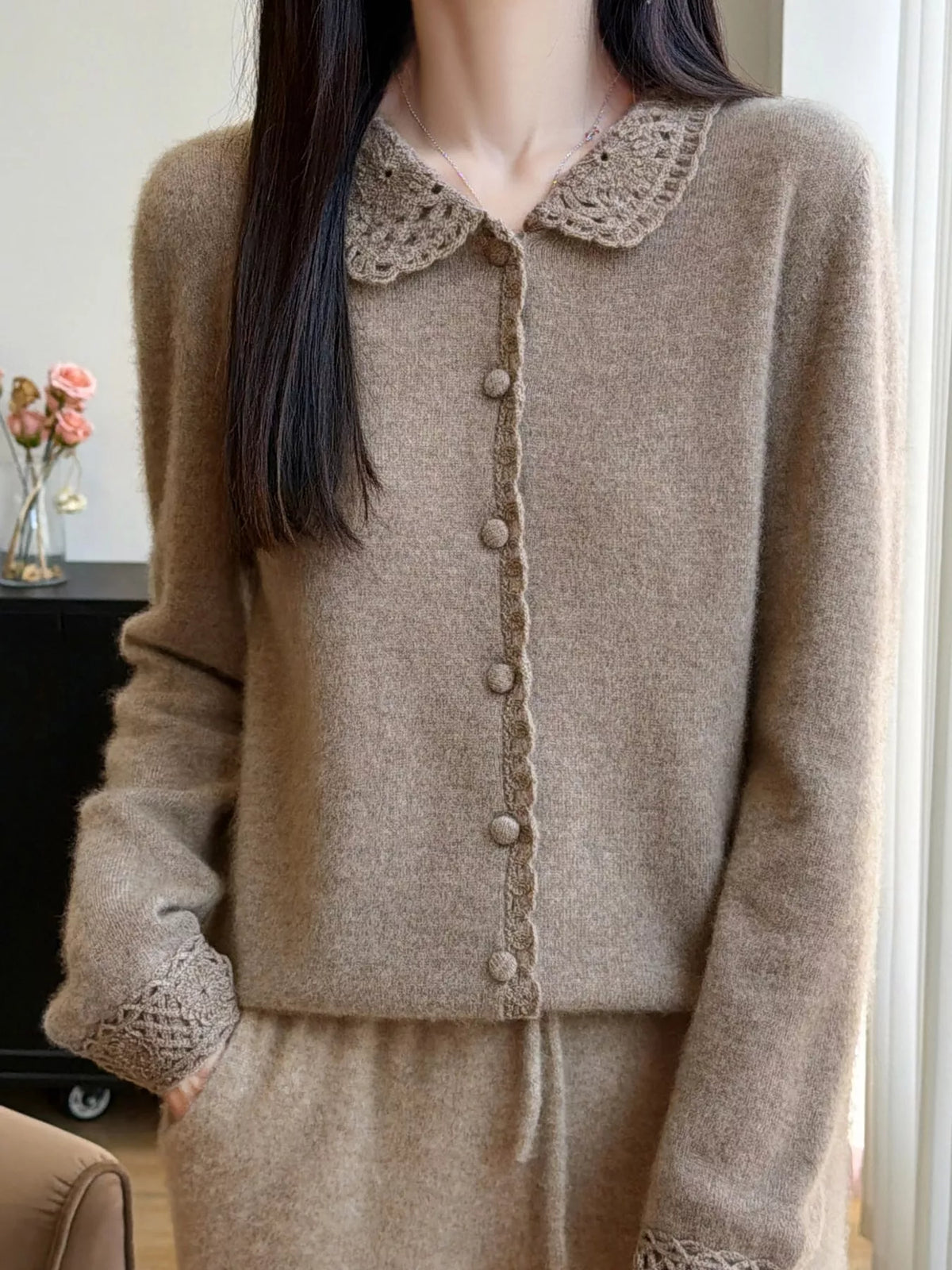 Lace-Collar Button Down Knit Cardigan