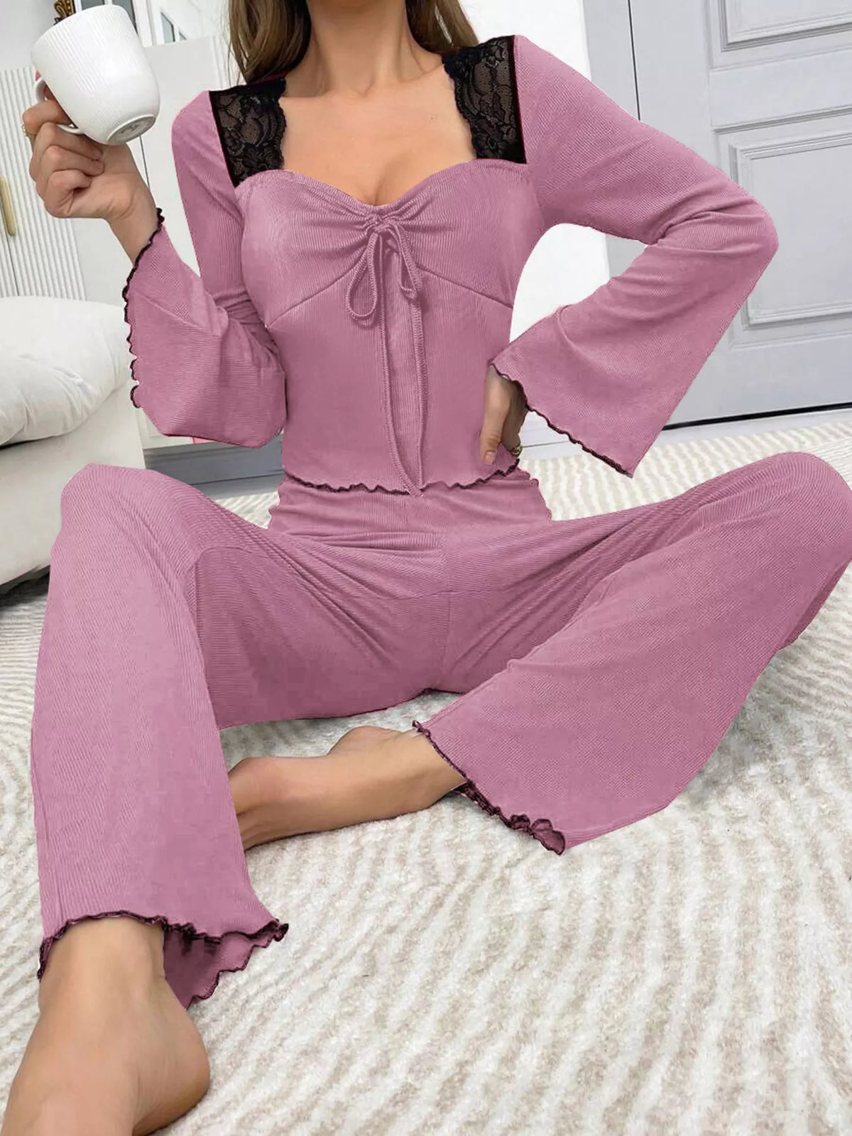 Lace Detail Flare Sleeves Top and Pants Lounge Set