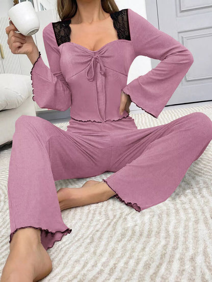Lace Detail Flare Sleeves Top and Pants Lounge Set