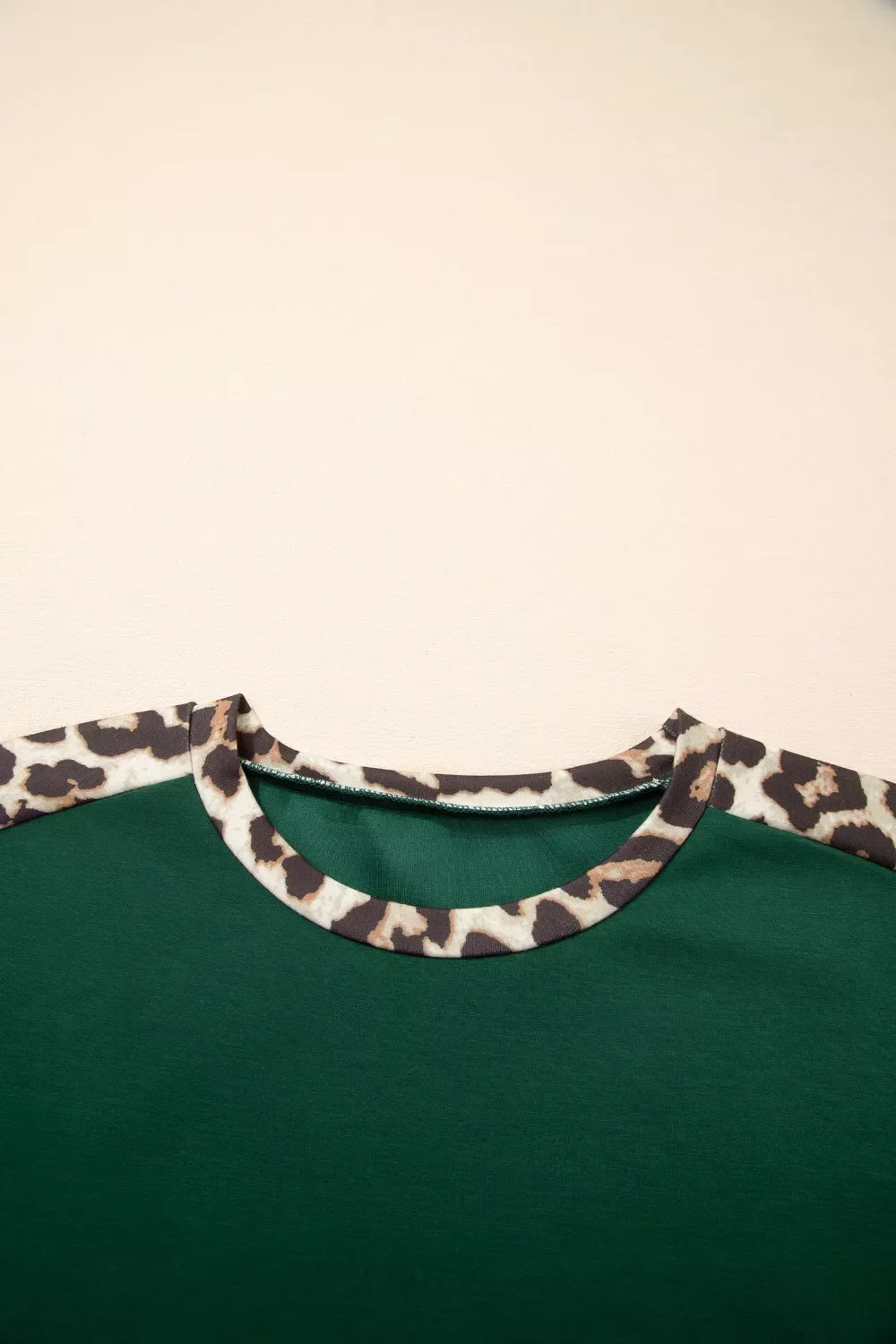 Leopard Trim Short Sleeve Relaxed Fit T-Shirt