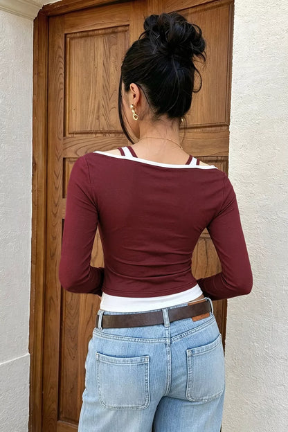 Color-Block Cutout Long Sleeve Slim Fit Top