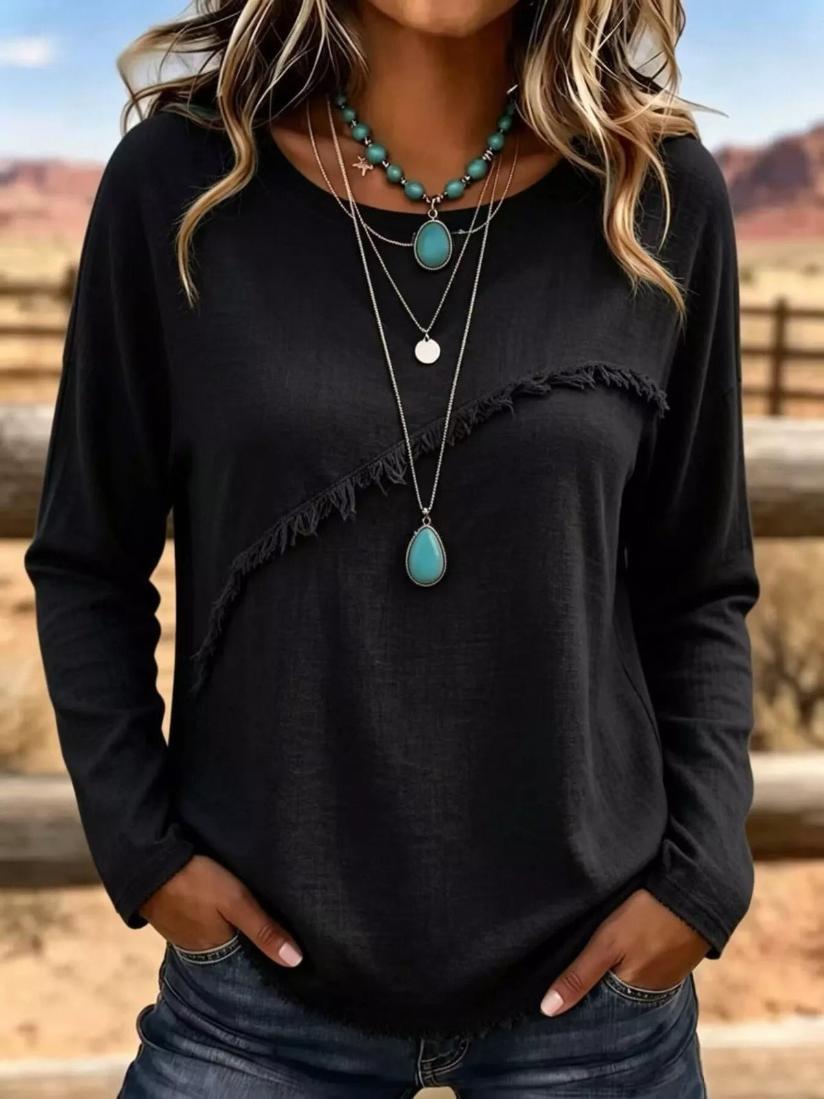 Plus Size Fringe Long Sleeve Top | Relaxed Casual T-Shirt