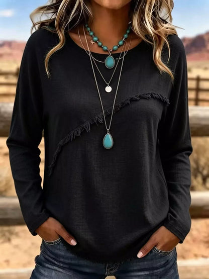Plus Size Fringe Long Sleeve Top | Relaxed Casual T-Shirt