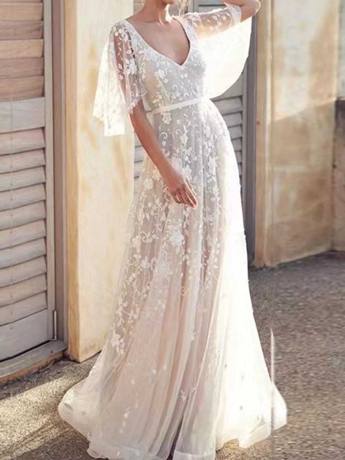Lace V-Neck Maxi Dress with Flutter Sleeves