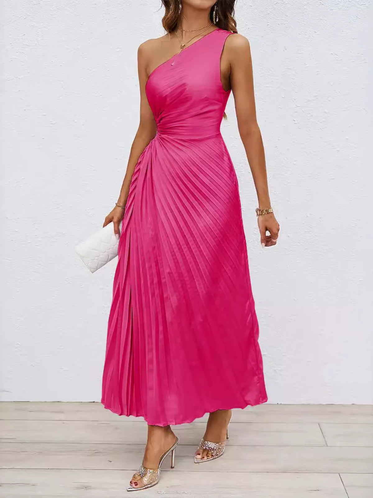 One-Shoulder Cutout Pleated Midi Dress