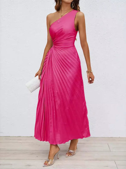 One-Shoulder Cutout Pleated Midi Dress