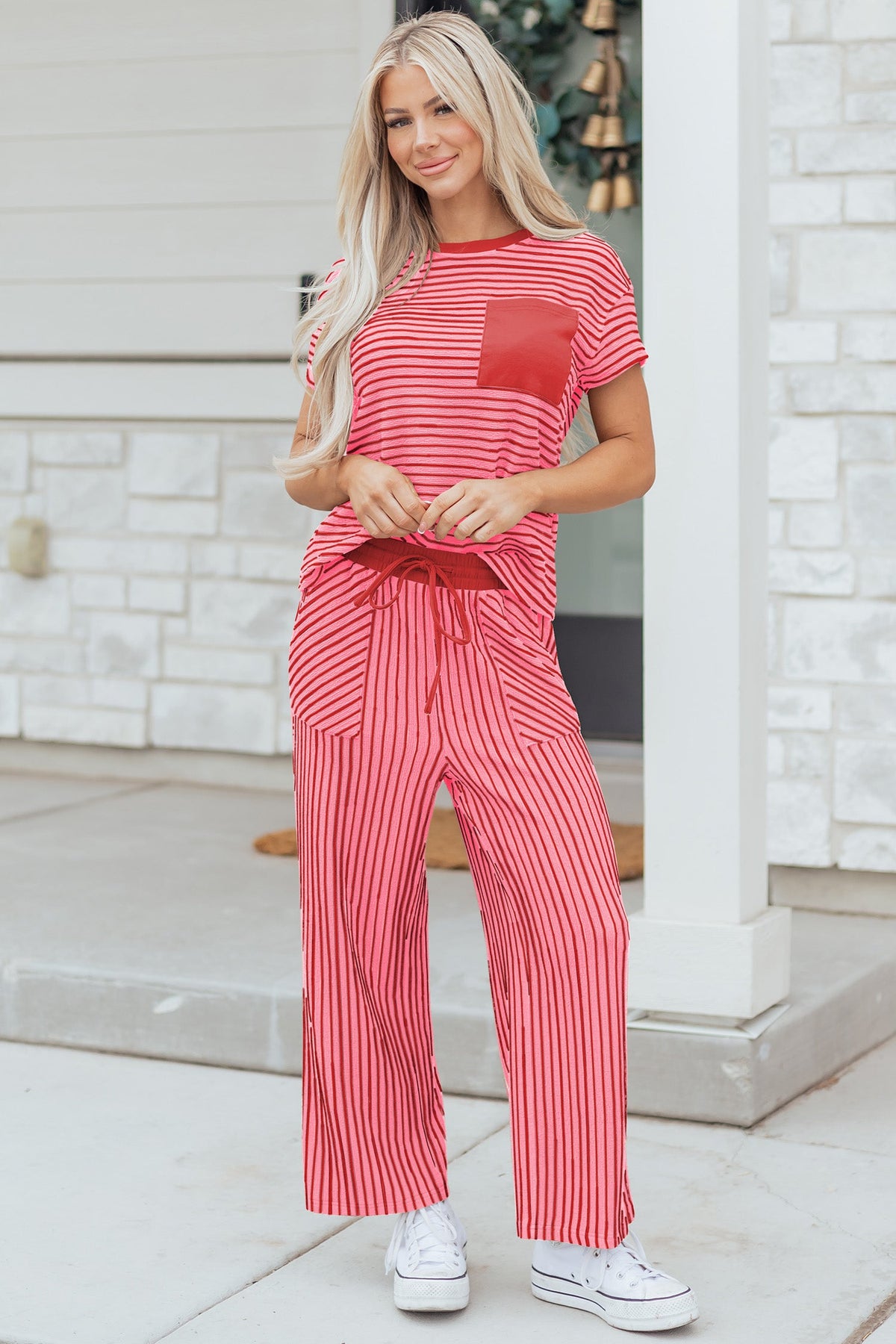 Sky Blue Stripe Crew Neck Tee Drawstring Waist Cropped Pants Set
