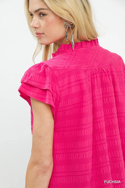 Umgee Textured Flutter Sleeve Split Neck Top